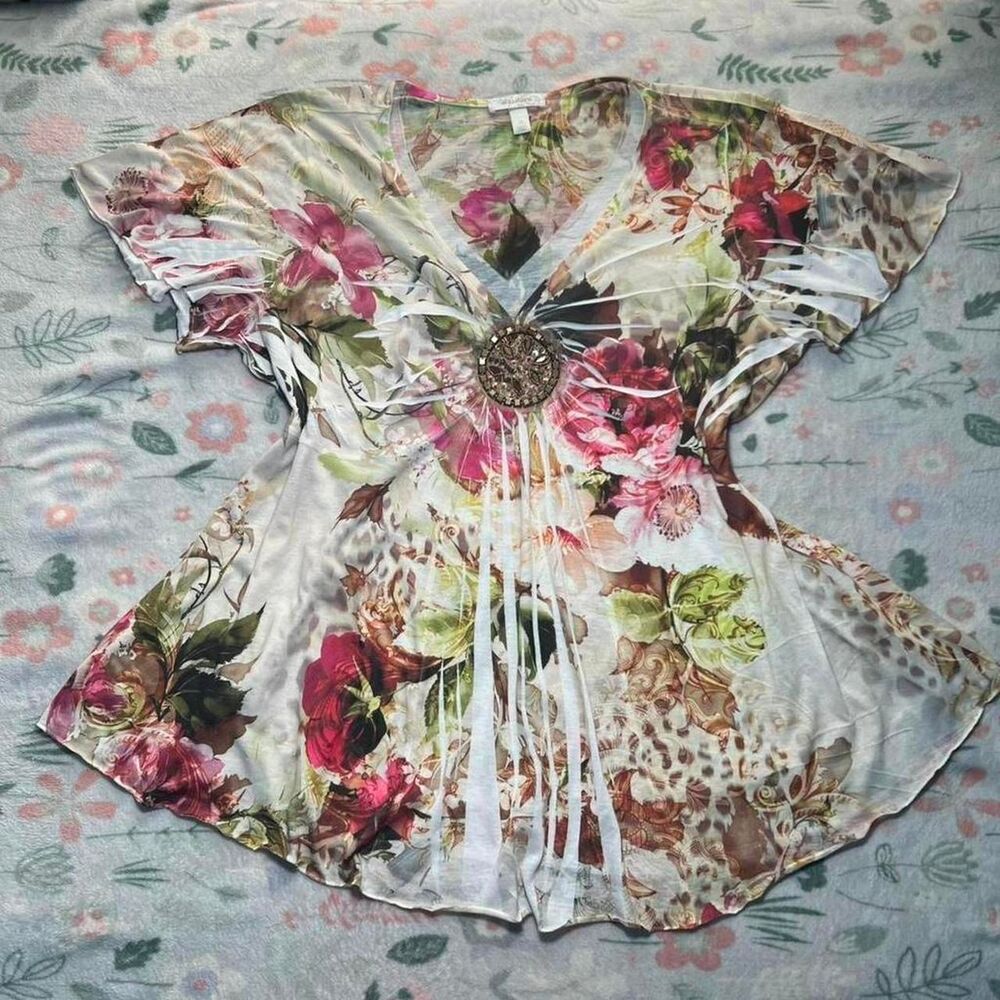 Dressbarn Flared Top 1XL - Floral Mixed Media Y2K Fairy Grunge Boho Retro Whimsy